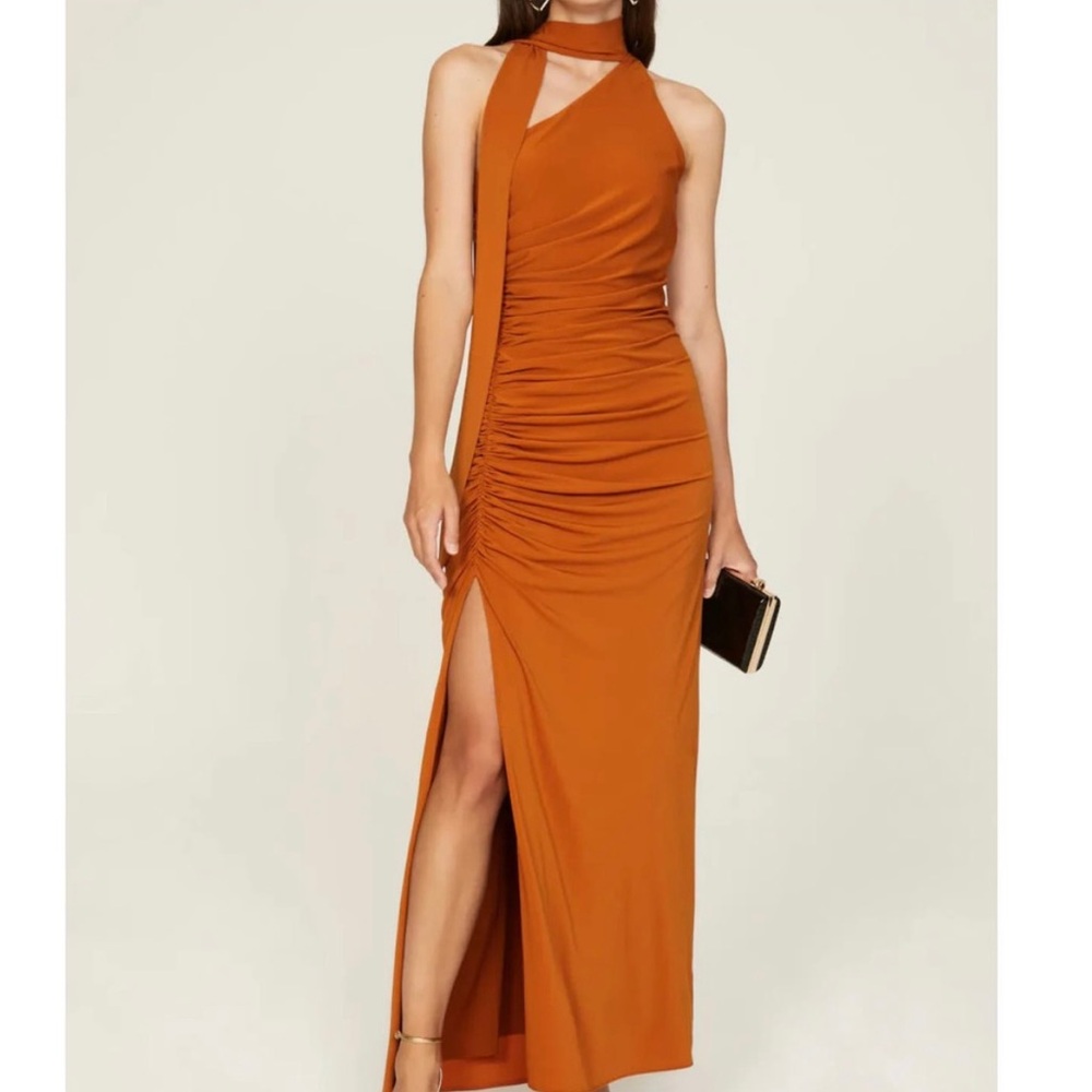 HALSTON Audrie Gown 2 Orange Jersey Knit Ruched One Shoulder Maxi Sheath Slit